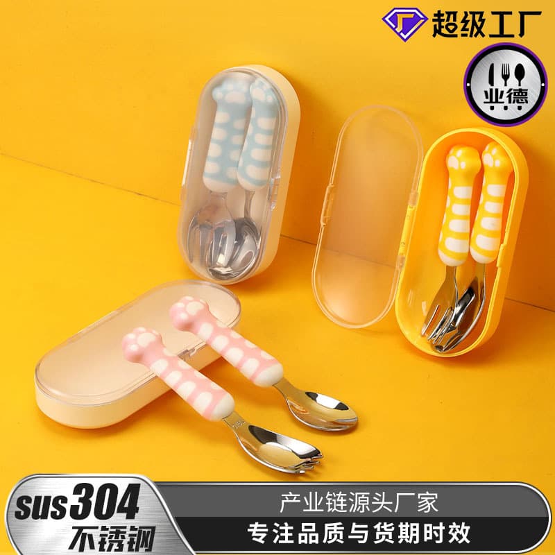 Cat Claw Children's Spoon Tableware 316 Stainless Steel Knife and Fork Spoon Baby Independent Eating Training Spoon Creative Portable Tableware