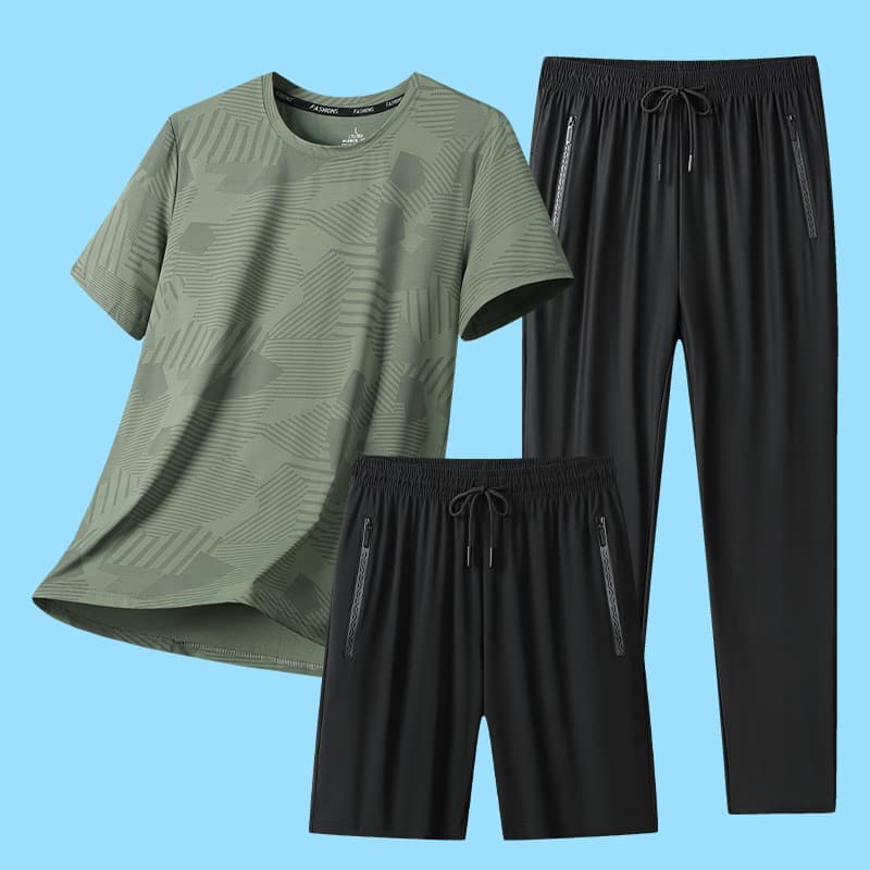Father's Summer Ice Silk Casual Sportswear Set for Men Middle-Aged and Elderly 3-Piece Father's Day Short Sleeve T-Shirt Quick-Dry Long Pants