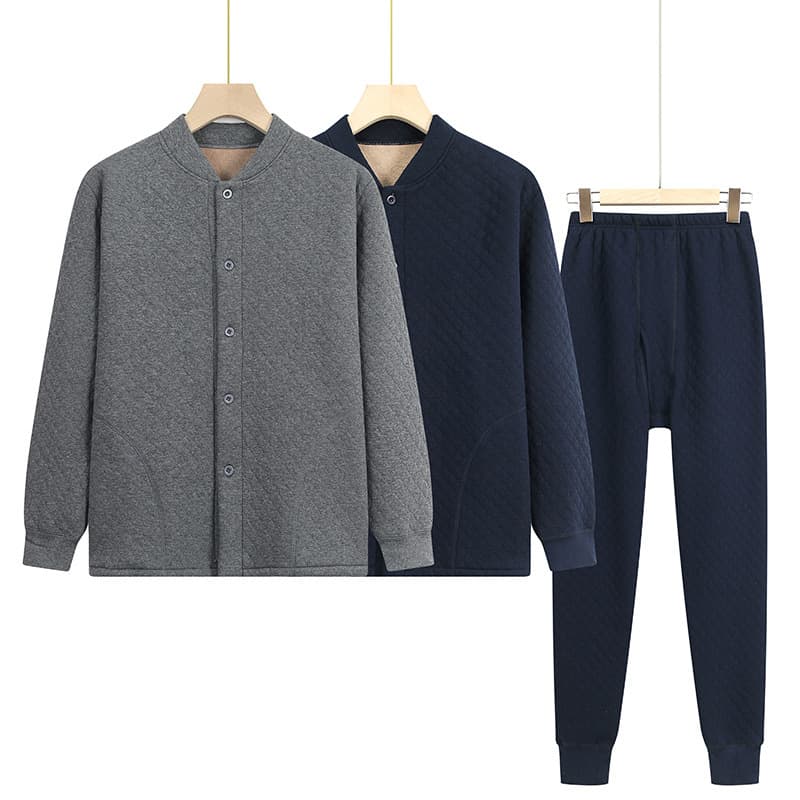 Middle-aged and elderly men's cardigan thermal underwear set, fleece-lined, winter warm cardigan two-piece set for fathers aged 60 and 80, solid color.