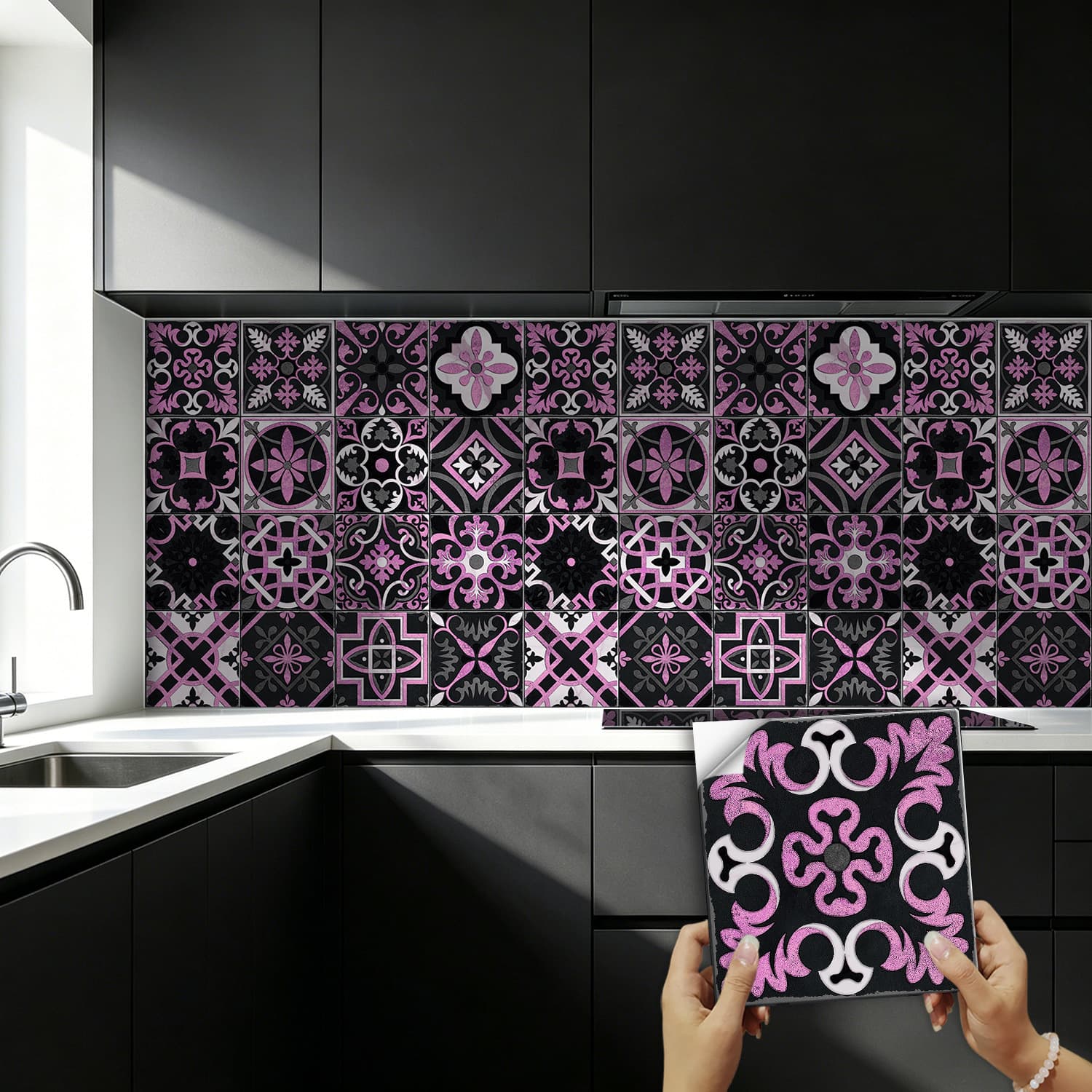 Moroccan Style Exotic Retro Purple Black Mandala Pattern Tile Sticker for Kitchen Bathroom Decorative Sticker