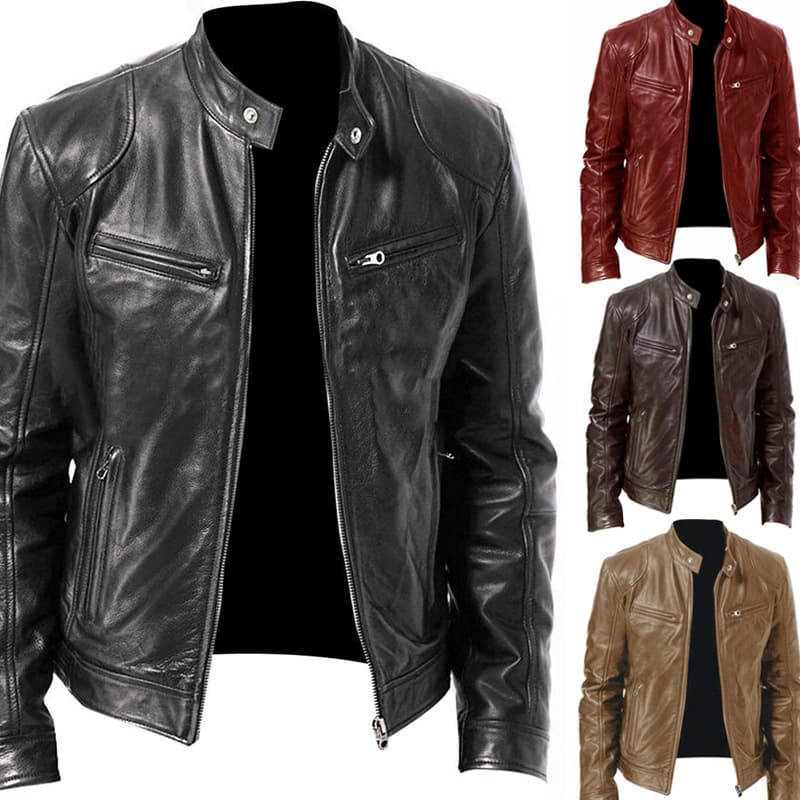 Winter Business Gentleman's Warm Zippered Cardigan Pocket Decor PU Leather Jacket Stand Collar Slim Fit Leather Jacket Coat