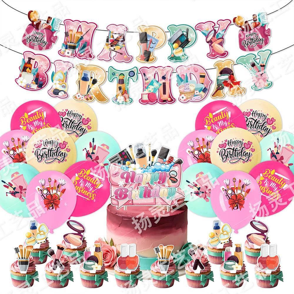 Cosmetic Theme Birthday Party Decor, Makeup Birthday Bunting, Cake Topper, Balloon Hanging Swirl, Party Supplies