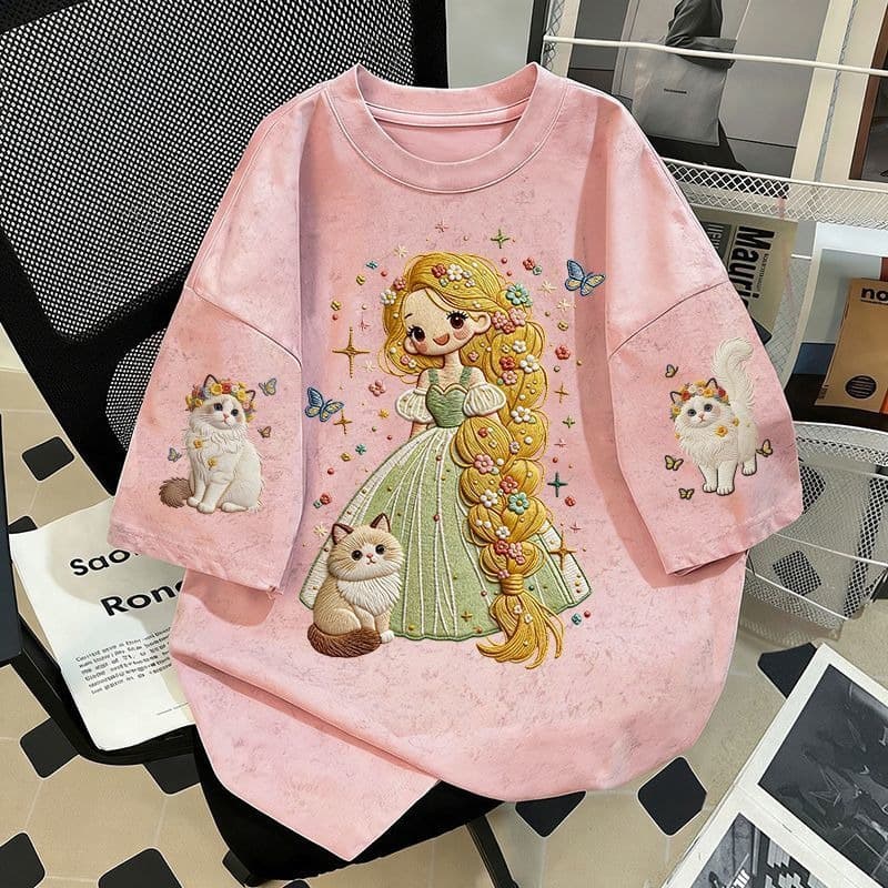 Summer Cartoon Fairy Girl Embroidered 100% Cotton Girls Tie-Dye Short Sleeve Middle School Student Fashion Top