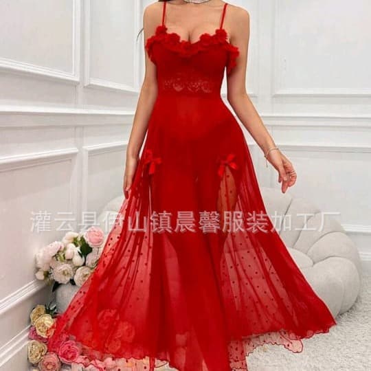 Cross-border Trade Sexy Lingerie Sheer Mesh See-through Nightgown Lace Embroidered Strap Sleep Dress Women's Homewear Wholesale