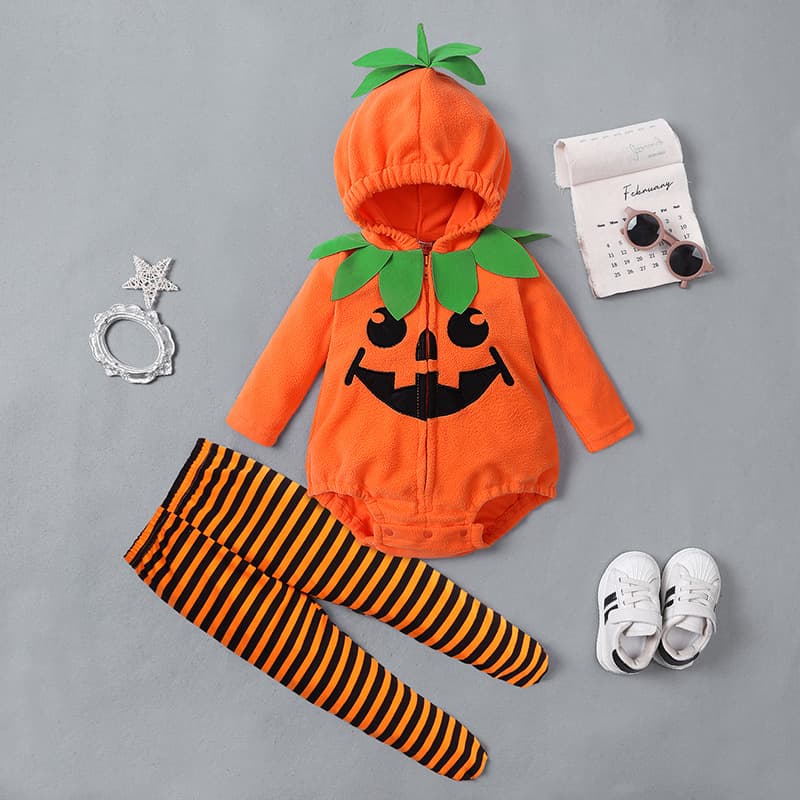 Baby Toddler Halloween Long Sleeve Pumpkin Hooded Romper + Footed Leggings for Spring/Autumn
