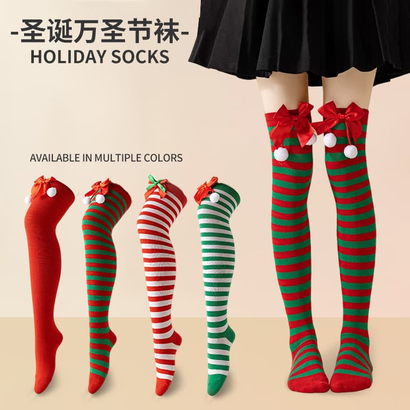 Christmas red and green stripe over-the-knee socks women ins academic style bow pom-pom cotton knee protection long tube socks trendy