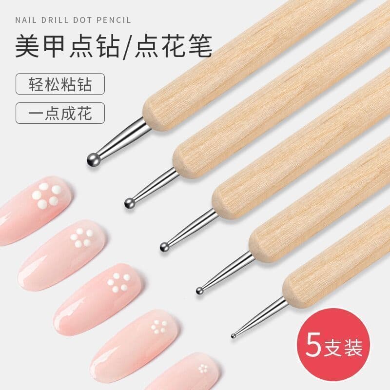 Nail Art Dotting Pen, Double-Ended Nail Tool for Polka Dots, Rhinestone Setting & Embellishment, Beginner-Friendly, 2-in-1, 5-Piece Set