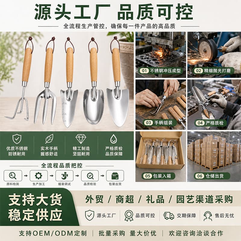 Factory Direct Stainless Steel Garden Flower Shovel, Wood Handle Garden Rake, Scale Shovel, Wholesale Supply Garden Tool Set Complete