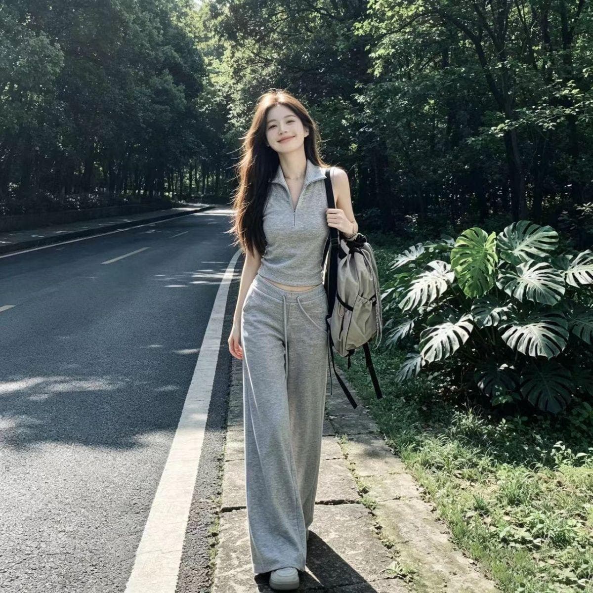 Summer Sweet Casual Sport Set Zip Polo Sleeveless Top and Pants Two-Piece Slim Sweet Cool Style