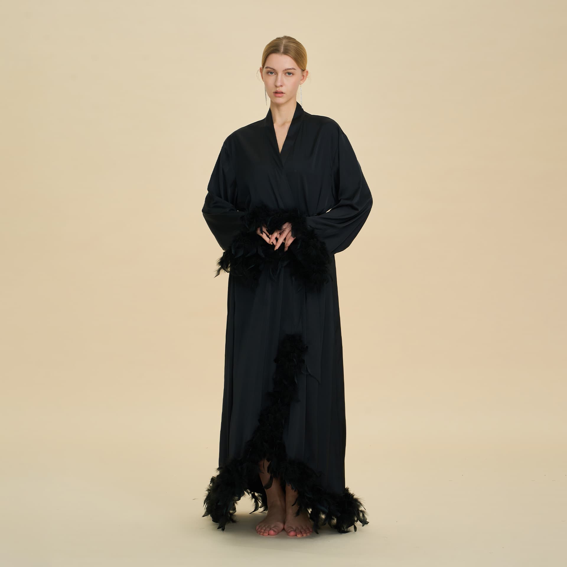 Cross-Border European and American Style Women's Sexy Feather Nightgown, Cardigan Tie-Up Robe, Spring and Summer Long-Sleeve Long Women's Loungewear