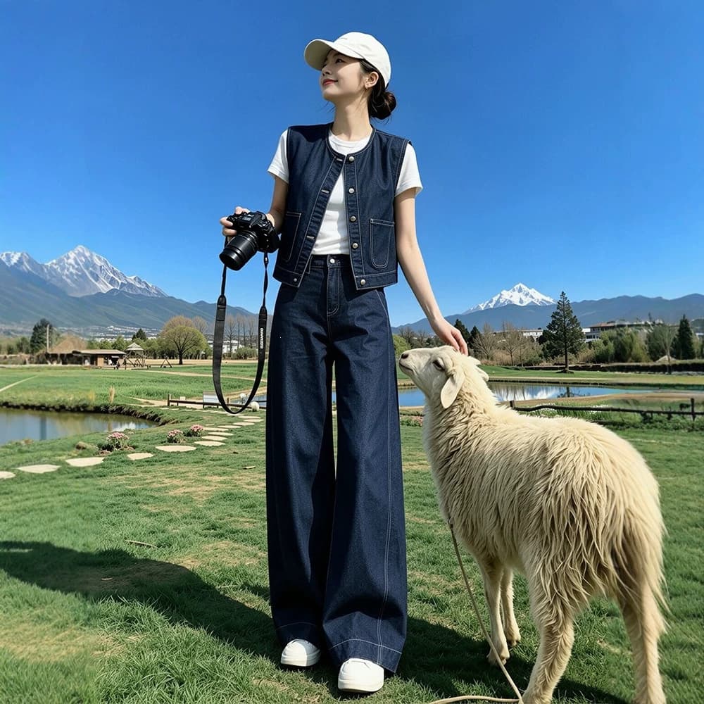 Trendy Women's Summer Hong Kong Style Denim Vest Short Sleeve T-Shirt Wide Leg Jeans 3-Piece Set