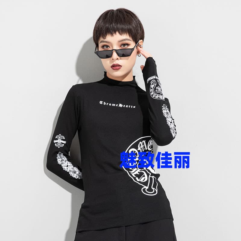 Modern Dull Black T-Shirt Women's Half Polo/Turtle Neck Base Layer Top Autumn/Winter New Style Slimming Long Sleeve Elastic T-Shirt