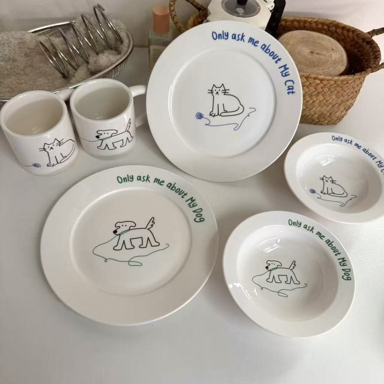 Korean-style ins cute cat and dog ceramic plate for breakfast, Western food, dessert, and couple use