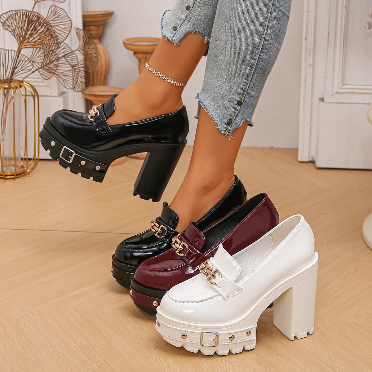 11cm heel women's loafers solid color party wedding temperament style patent leather pearl buckle leather shoes women's shoes black