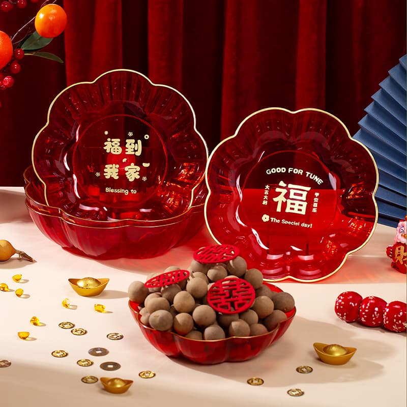 Red Plastic Fruit Tray for Wedding Living Room Dried Fruit Tray Wedding Candy Snack Display Plate