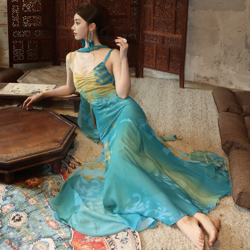 Nightshade · Ethnic style peacock blue waist long suspender dress spring and summer with streamers jianshi blue