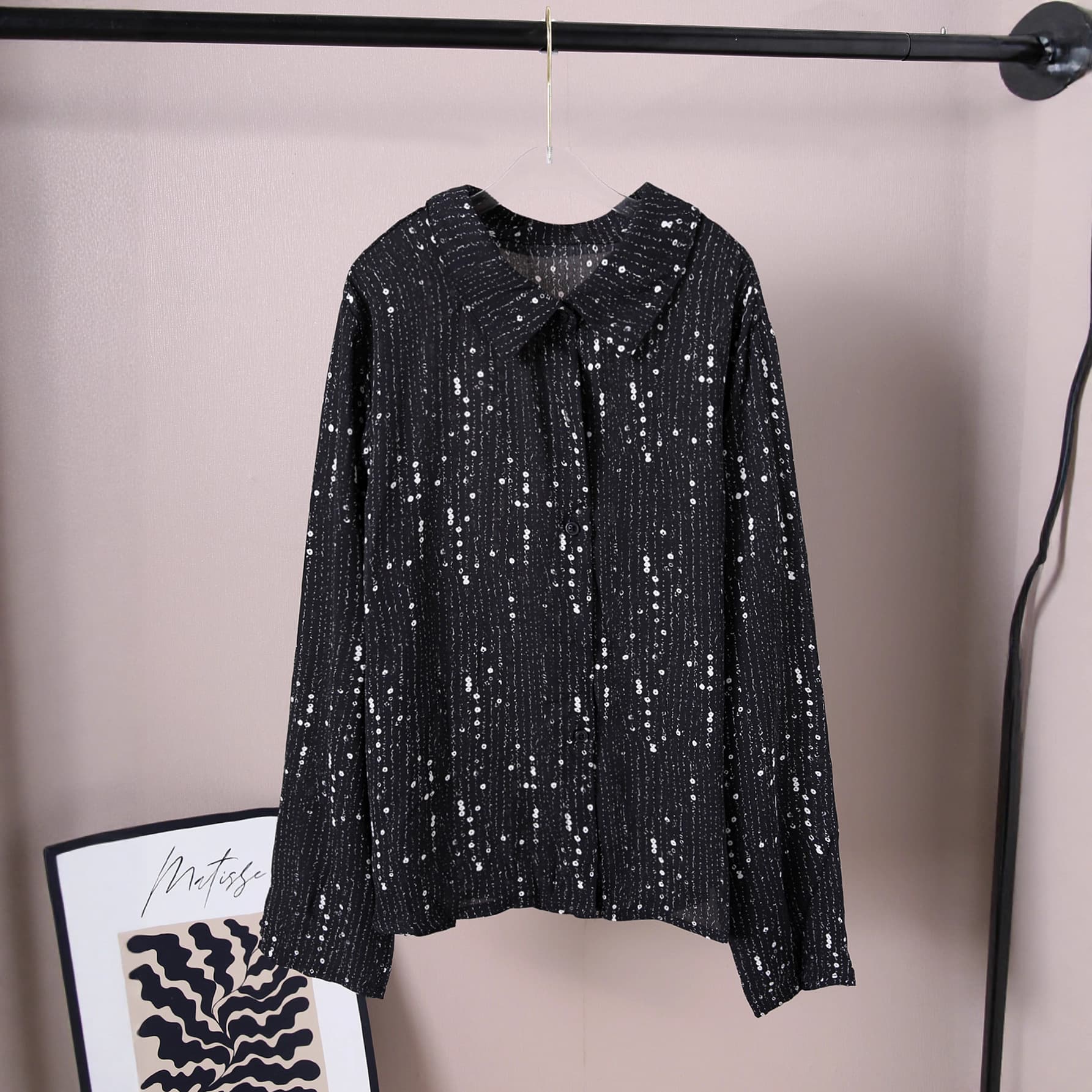 Cross-border spring and autumn new style youth solid color lapel long-sleeved shirt sequin drop feel high-end versatile T-shirt