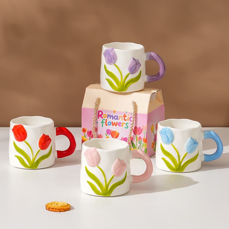 New embossed tulip flower cup ceramic drinking cup high-value household mug creative cup gift