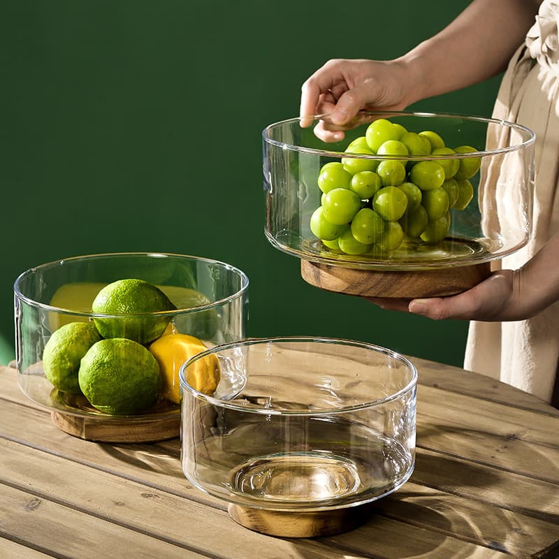 Japanese Style Glass Fruit Tray Wooden High Foot Living Room Candy Basin Creative Storage Size Large And Small for Home Use