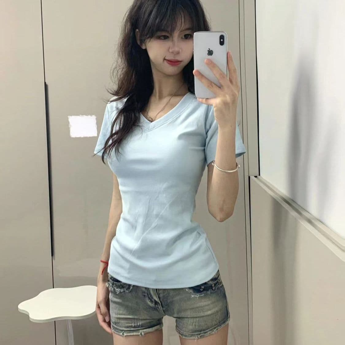Pure Cotton Short Sleeve T-Shirt Women's V-neck Slim Fit Korean Style Commute Fashion 92% Cotton 8% Spandex Casual Top