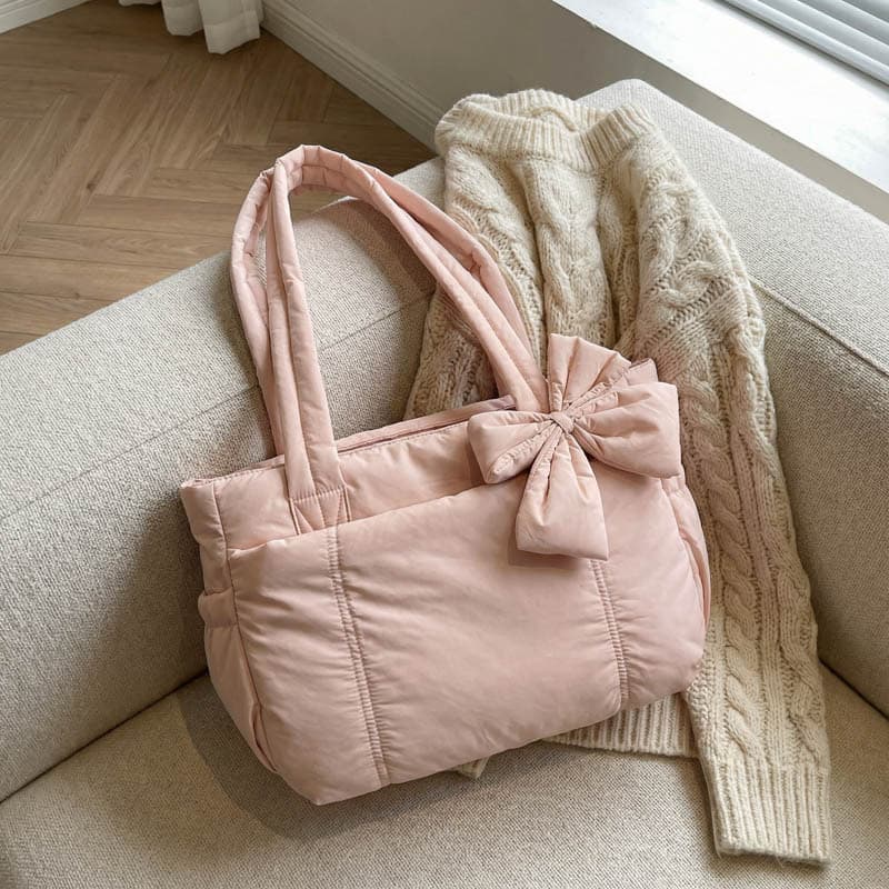 New Tote Bag with Bow, Yoga Bag, Winter Embroidered Plaid Space Bag, Quilted Shoulder Tote