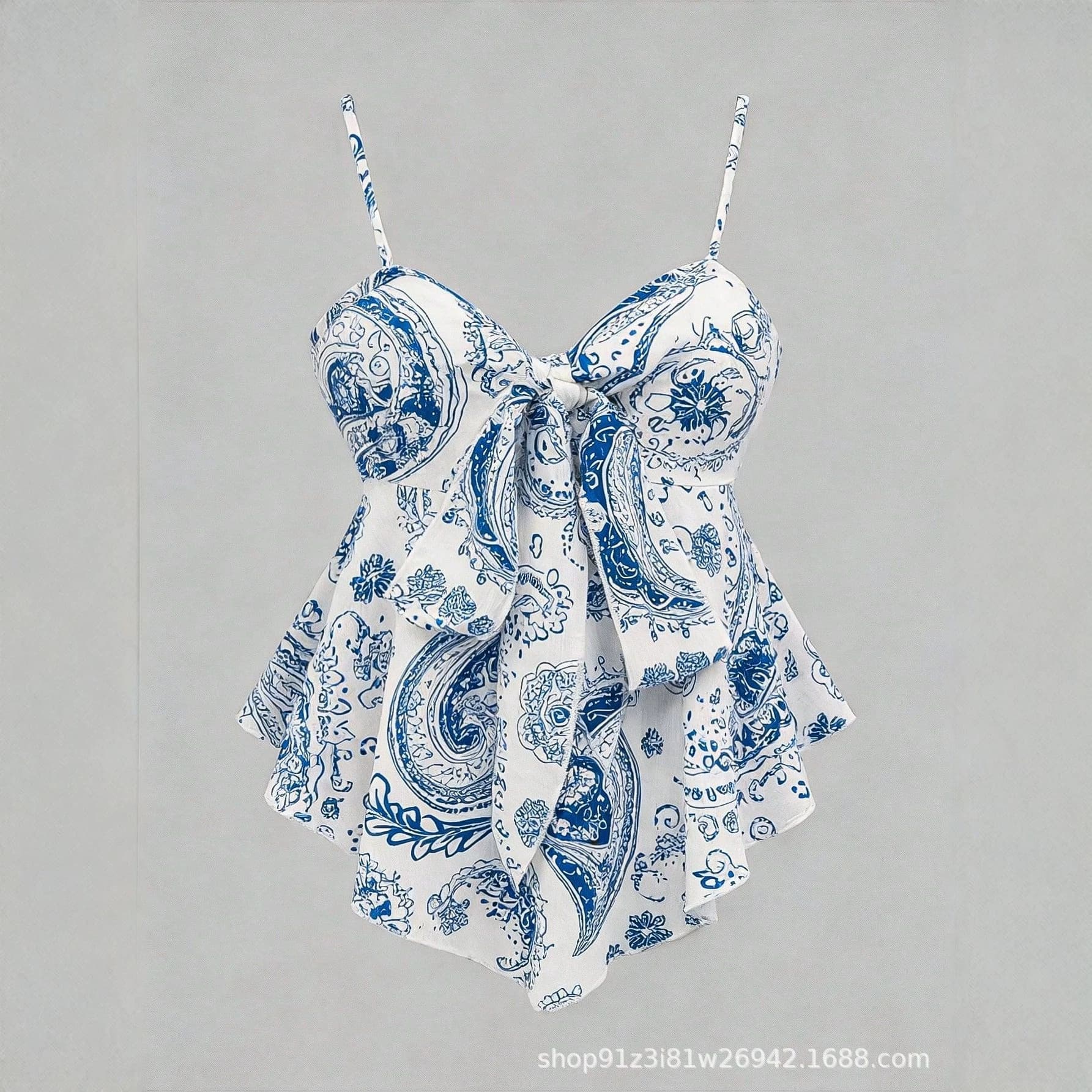 Blue and White Porcelain Print Halter Top, Sweet and Spicy Bow Waist-Cinching Slimming Top