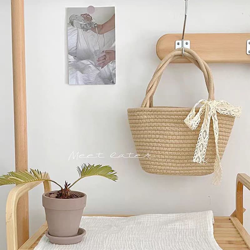 Cotton Woven Handbag Tote Bag Women's Fashion Versatile Vacation Beach Bag Storage Bag Beach Bag
