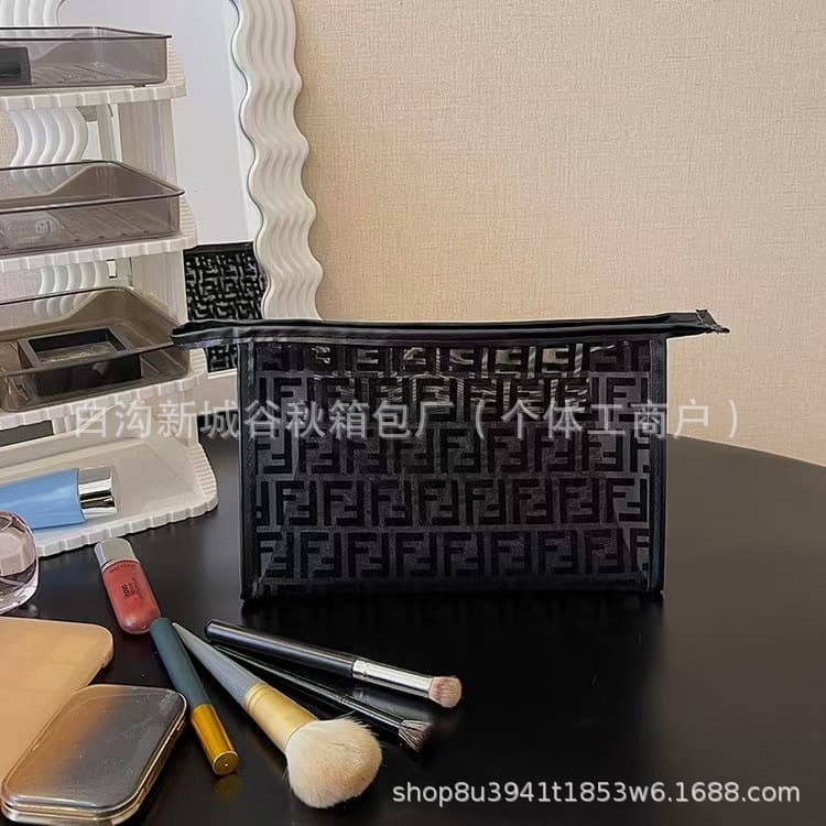 Brand Mesh Printed Cosmetic Bag - Daily Toiletry Organizer - Unisex Portable Travel Handbag