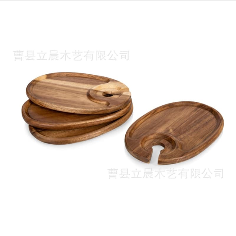 Acacia wood steak platter with wine glass holder, solid wood appetizer and wine glass holder, all-in-one party and gathering fruit platter