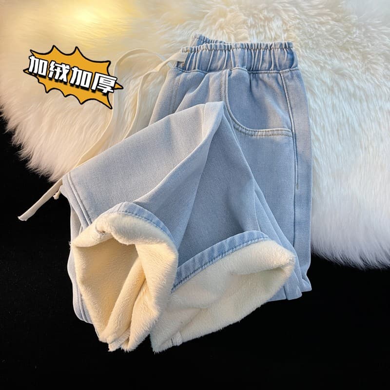 Men's Fleece-Lined Straight-Leg Jeans Casual Vintage Loose-Fit Trousers Thickened Warm Bell Bottoms Autumn Winter