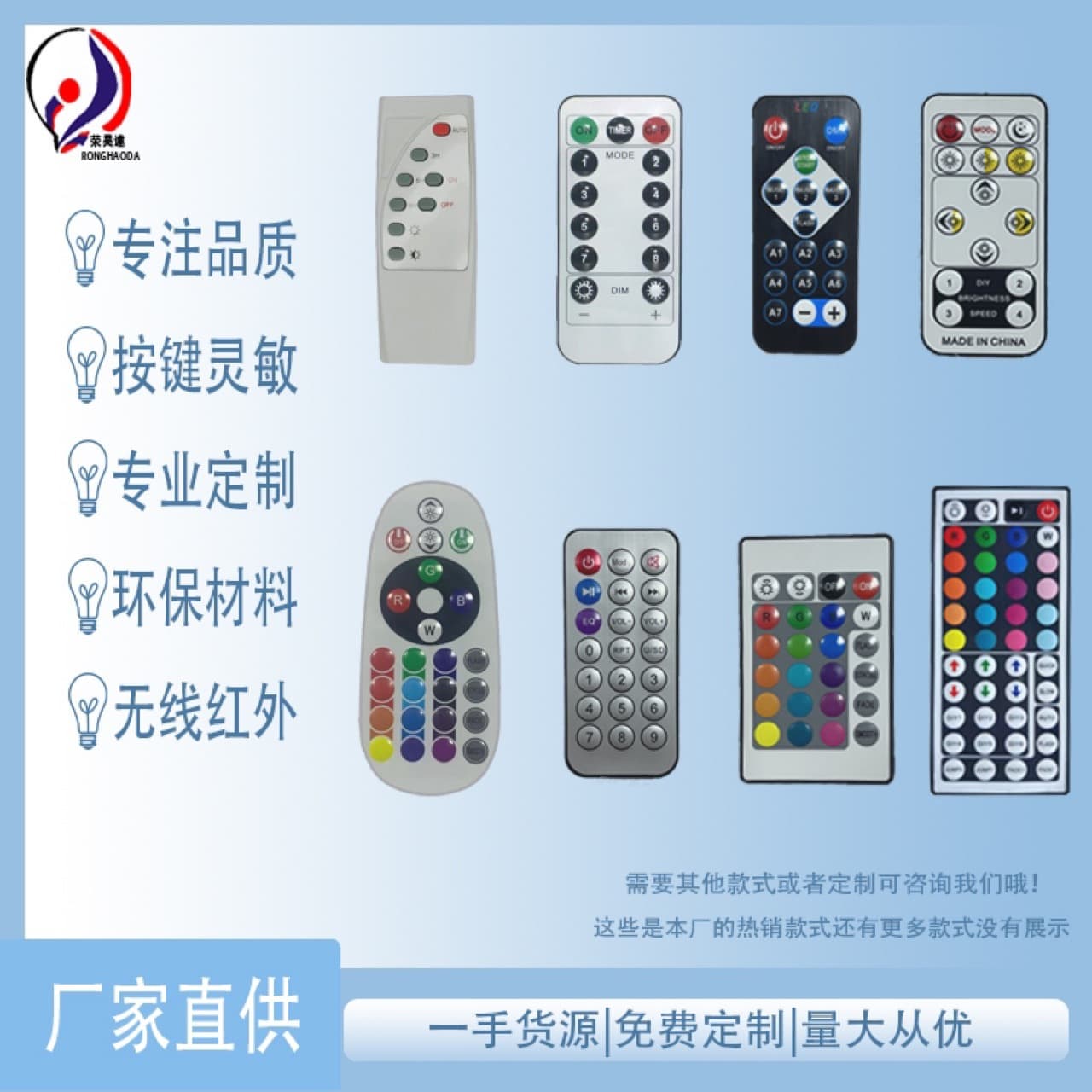 24-key infrared remote control, slim design with options for 8, 13, 21, or 44 keys, suitable for fan and lighting remote controls.