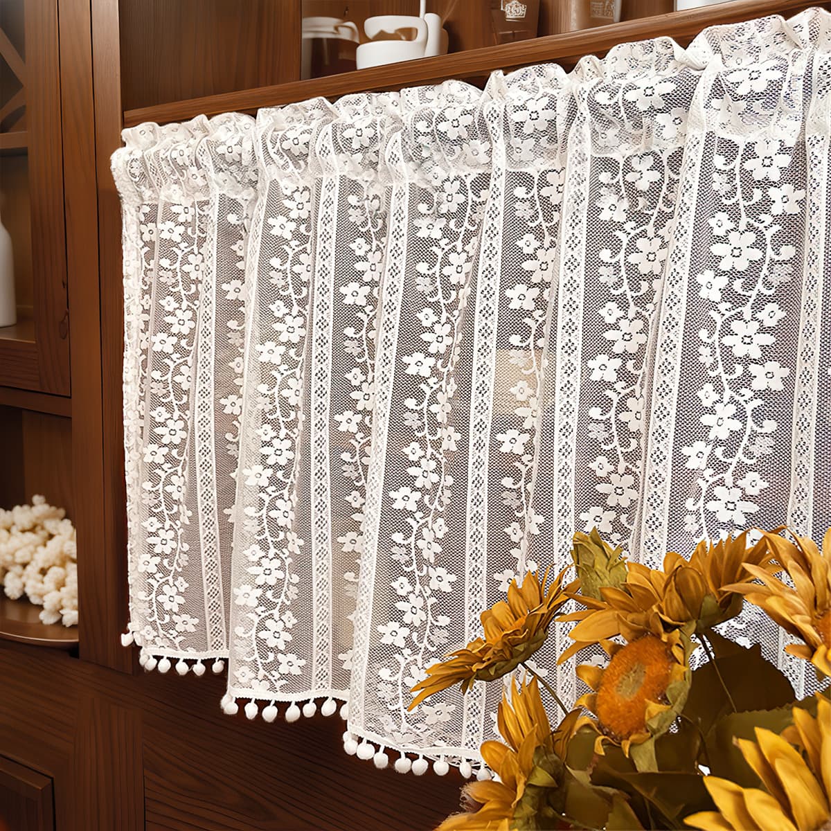 Cross-border rose lace short curtain bottom edge white ball window screen curtain rod pressing line blackout door curtain TEMU dropshipping