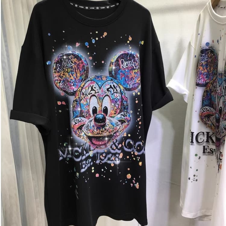 Plus Size Women's 2-300 lbs Cartoon Mickey Heavy Rhinestone Short Sleeve T-Shirt Loose Fitting Slimming Fashion Top