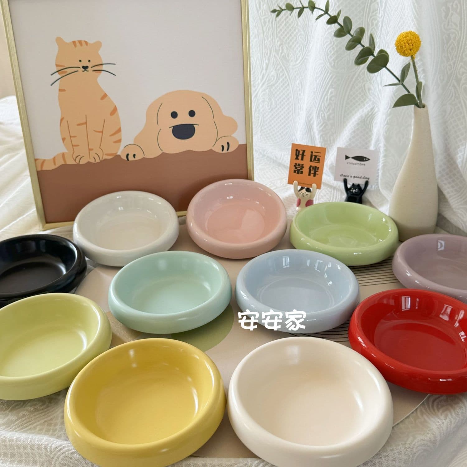 Pet Bowl Ceramic Underglaze Cat Bowl Ceramic Cat Food Bowl Shallow Ceramic Bowl Cat Food Bowl Water Bowl