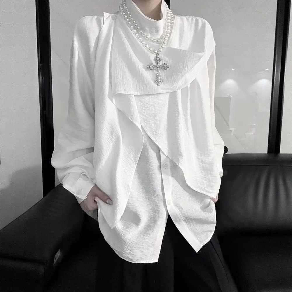 Chinese high-end splicing ribbon scarf long-sleeved shirt for men and women French stand-up collar neutral Hepburn style shirt jacket