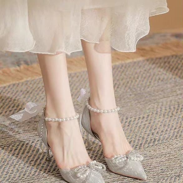 Silver High Heels Women Thin Heel 2026 New 18th Birthday Party Dress Wedding Bridesmaid Shoes Crystal Wedding Shoes Bride Shoes
