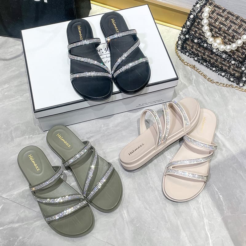 Women's Summer New Fashion Flat Rhinestone Beach Sandals, Casual Trendy Breathable Z-Design Slippers