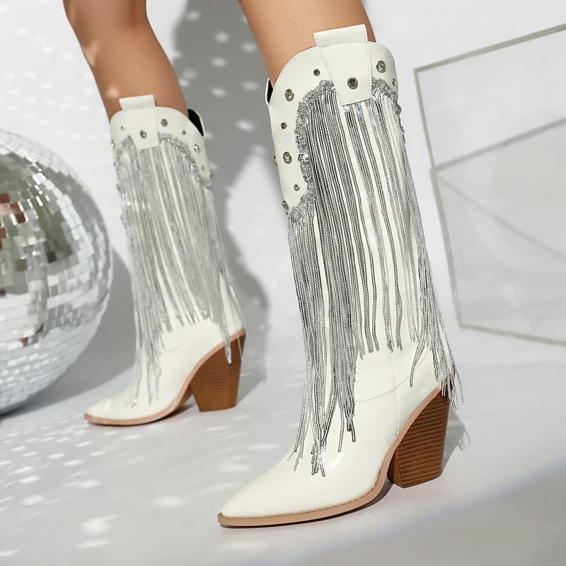 Women's High Boots Autumn Winter Western Cowboy Boots Pointed Toe Thick Heel High Heel Rhinestone Tassel Women's Over-The-Knee Boots High Boots