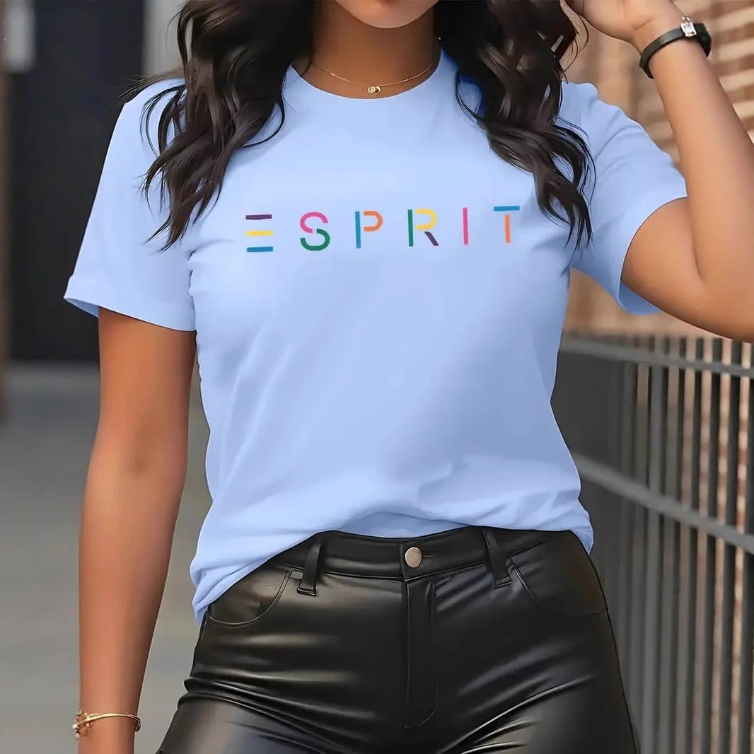 Women's "ESPRIT" Casual Short Sleeve 100% Cotton T-Shirt Fashionable Multicolor Printed Top for E-commerce Export TEMU