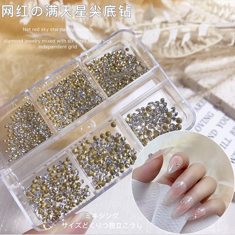 Nail Art Pointed Bottom Rhinestone Bulk Wholesale White AB Color Small Round Rhinestones Long Strip Glass Rhinestones Pointed Bottom Boxed