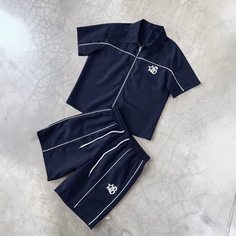 Y2K American Street Style Striped Zip-Up Shirt Set, Men's Quick-Dry Short-Sleeve Casual Two-Piece Set, Direct Cross-Border Supply
