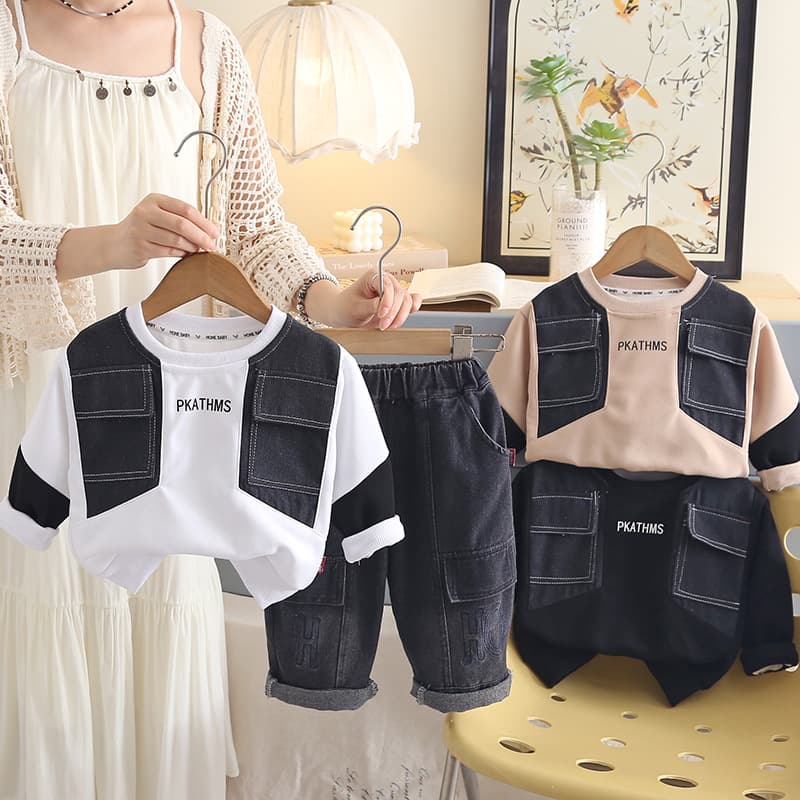 Boys' autumn fashionable suits, fashionable baby spring and autumn denim splicing two-piece sets, baby and children's clothes, trendy clothes