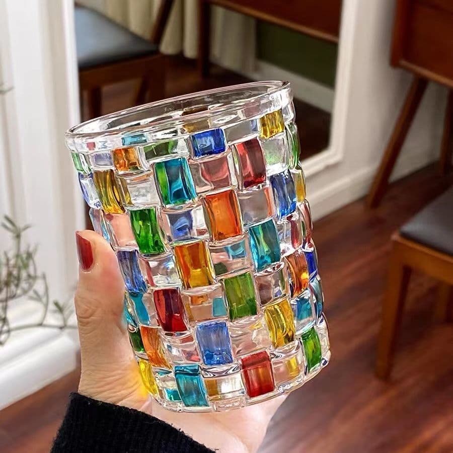 Italian-Style Water Glass and Wine Glass, Artistic Rainbow High-Value Hand-Painted Trendy Line Woven Whiskey New Glass Cup