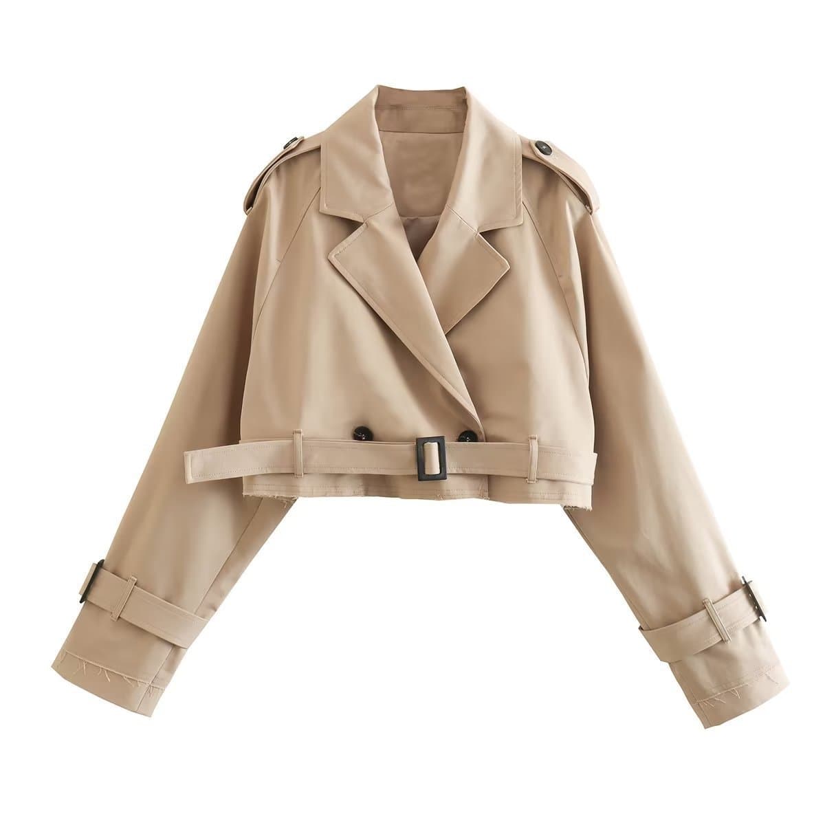 2023 spring and autumn new cross-border women's European and American style belted long-sleeved short casual windbreaker jacket