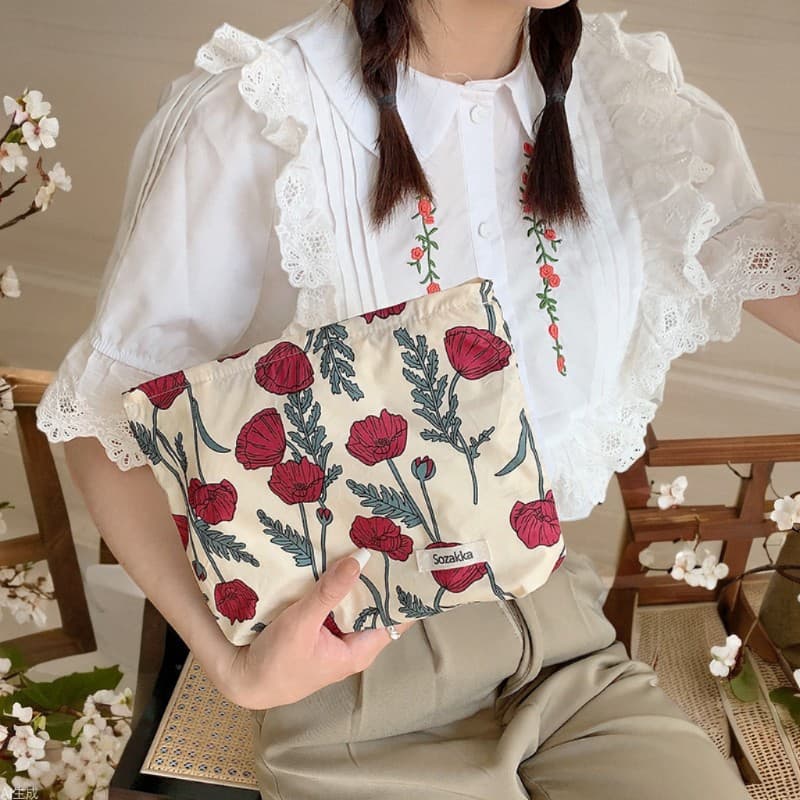 Floral Cotton Makeup Bag Portable Handheld Red Lipstick Storage Pouch Casual Street Style Daily Match Floral Pattern Women's Bag