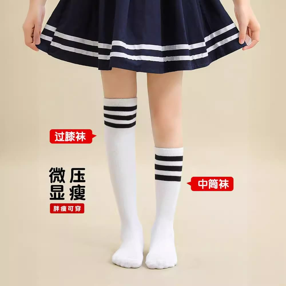 Girls' stockings, summer thin sweat-absorbent striped children's socks, mid-length anti-mosquito over-the-knee socks, boys' student long socks