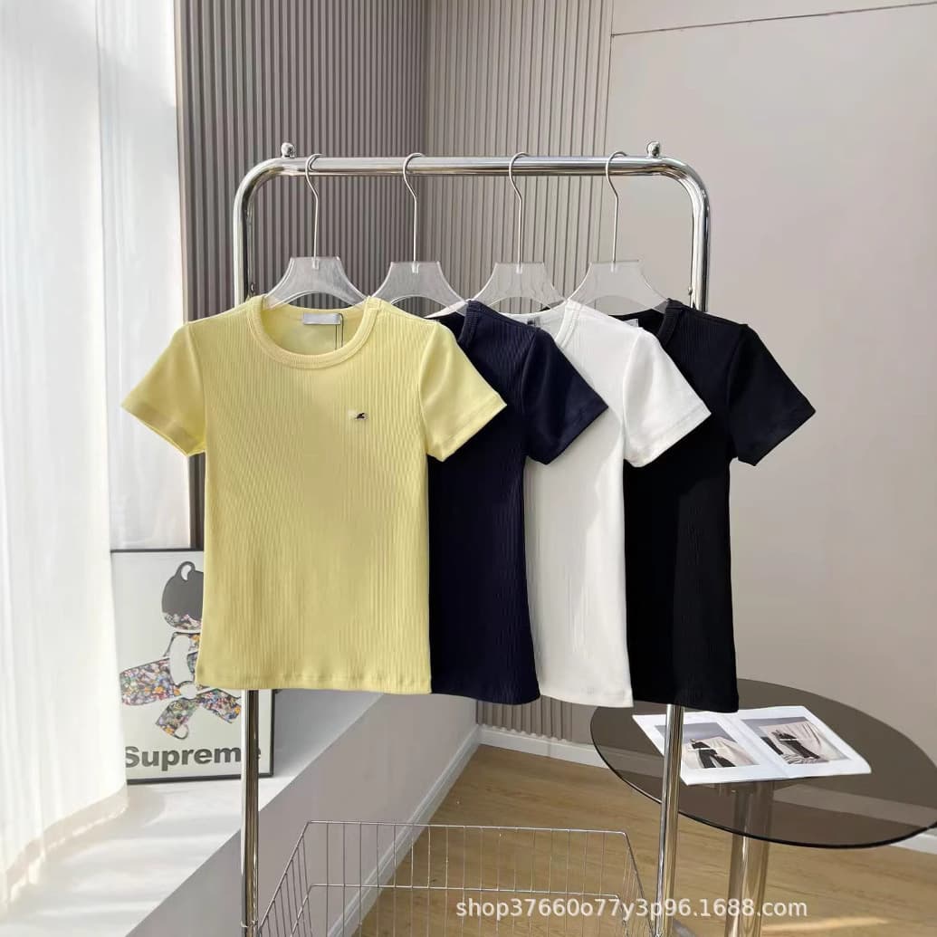 2026 Summer New Crocodile Ribbed Cotton Shoulder-Fit Classic Fashionable Simple Women's T-Shirt Youthful Slimming Short Sleeve