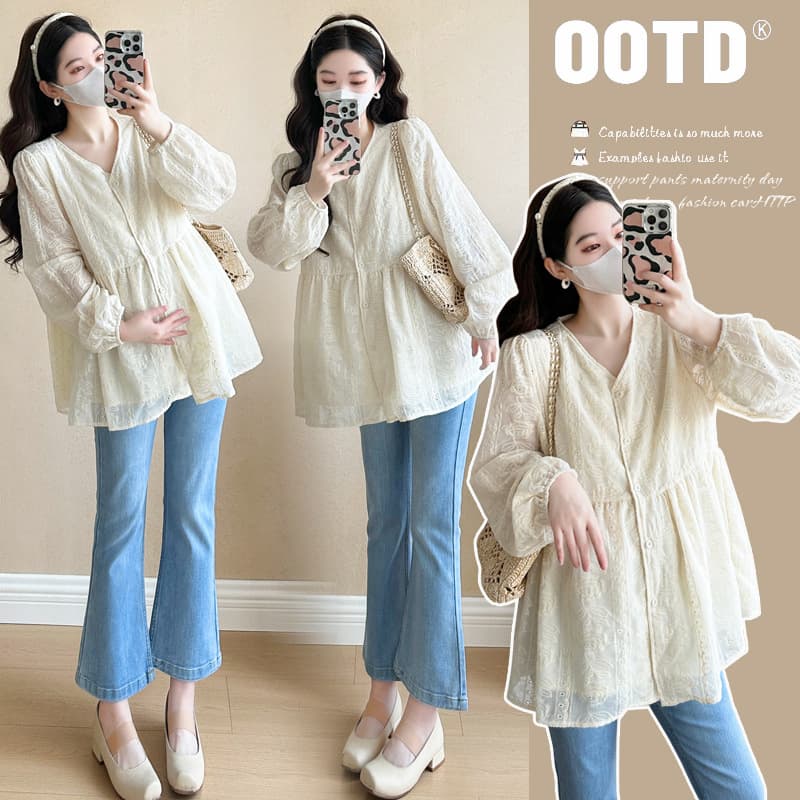 Maternity Wear Spring New Korean Style V-Neck Embroidery Little Fragrance Style Peter Pan Blouse Korean Style Loose Slimming Maternity Top Women