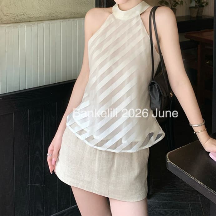 Chestnut Cocoa Romantic Sicily Stand Collar Sleeveless Elegant Neck Tie Chiffon Blouse for Women