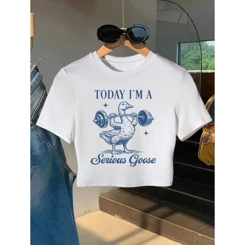 Women's Printed Cotton Short Sleeve T-Shirt with Playful Weightlifting Duck Design, Casual Summer Top